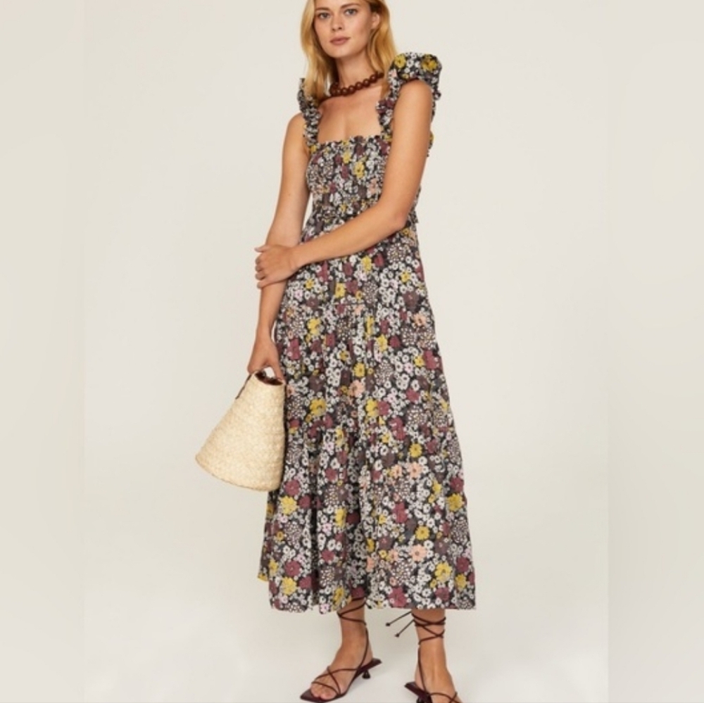 Sea New York Smocked Floral Midi to Maxi 100% Cotton Dress Ruffle Strap